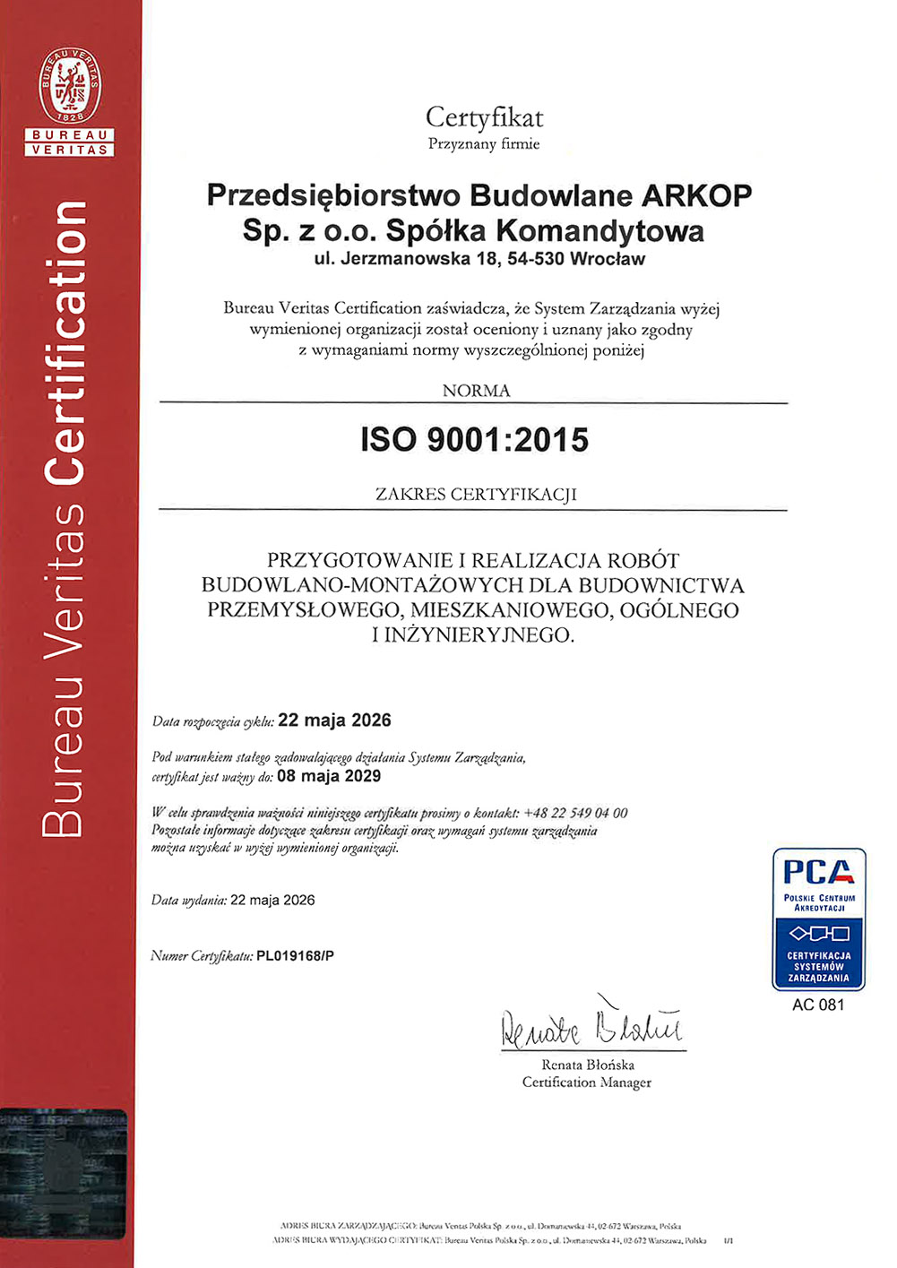 Certyfikat ISO 9001;2015 Certyfikat ISO 9001;2015